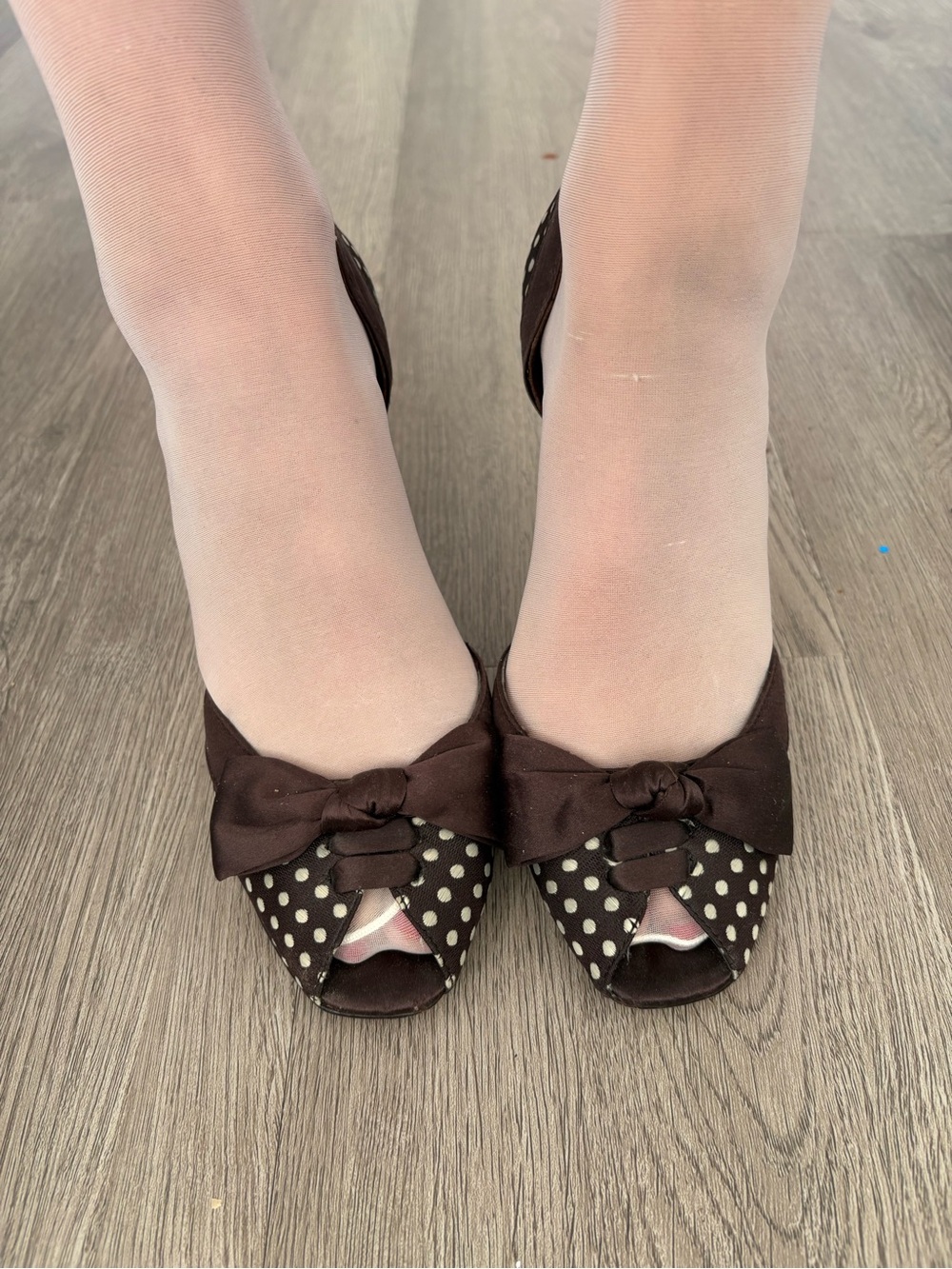 BEBE Women’s Brown Polka Dot Peep-Toe Flats with Bow
